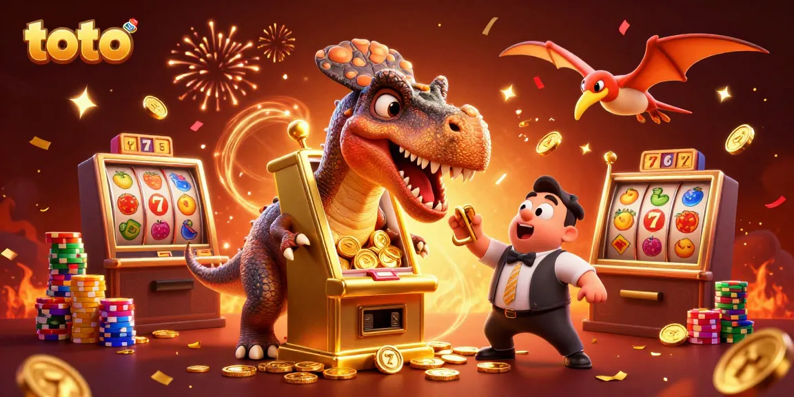 Experience toto excitement as a pachycephalosaurus wins big at a slot machine with flying coins.