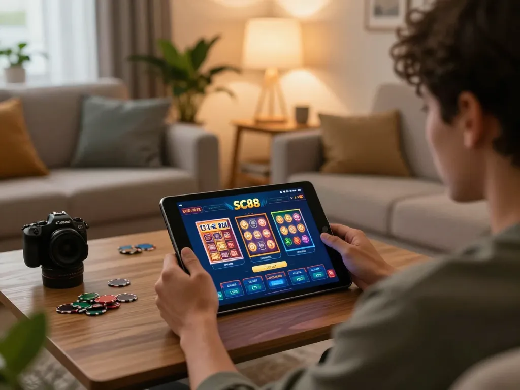 Person exploring the SC88 platform in a cozy home setting, showcasing online gambling excitement.