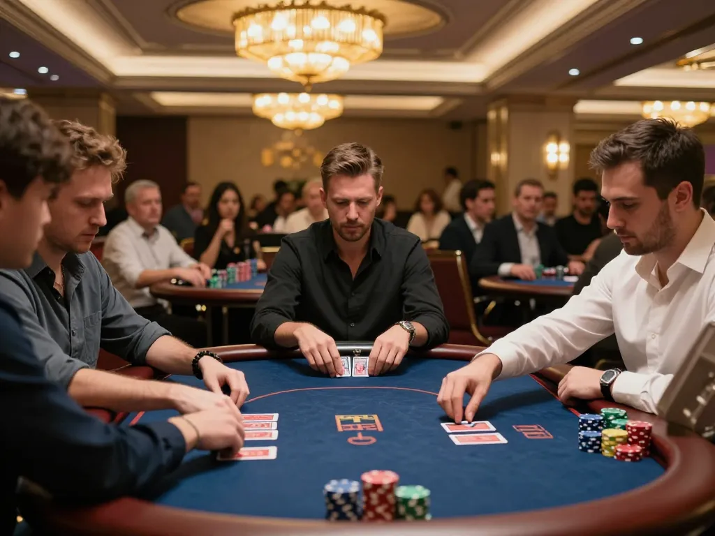 Engaged players at a keonhacai poker tournament, strategizing and competing under atmospheric casino lighting.