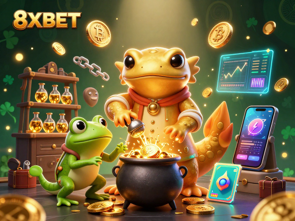 8XBET players enjoying a vibrant casino scene with gold coins, crypto elements, and magical alchemists.