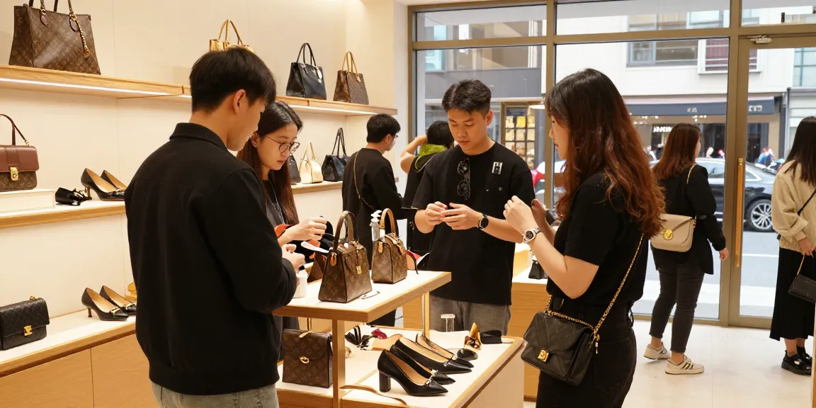 Shoppers exploring luxury 레플리카 bags and accessories in a modern retail environment.