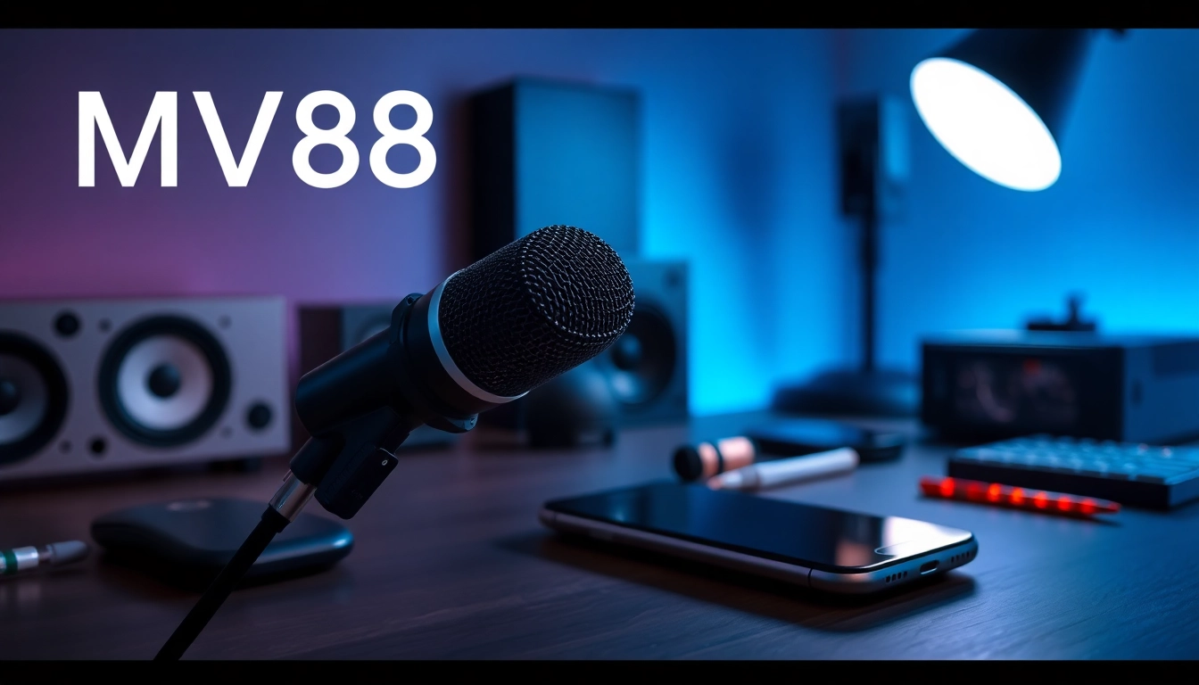 The MV 88 microphone connected to an iPhone, showcasing its sleek design in a modern workspace.