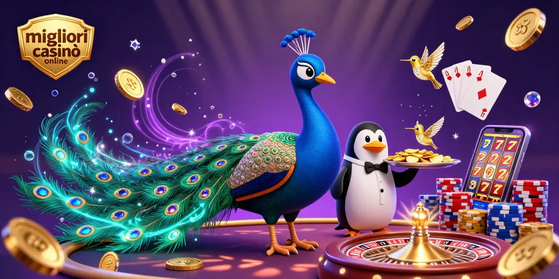 Partecipa a un'esperienza di gioco emozionante nei migliori casinò online con questa illustrazione 3D immersiva di personaggi e elementi dinamici del casinò.
