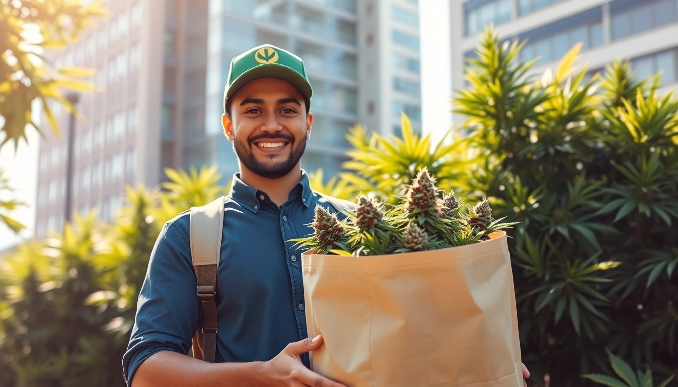 Experience efficient bud delivery uk with a smiling courier in an urban setting.