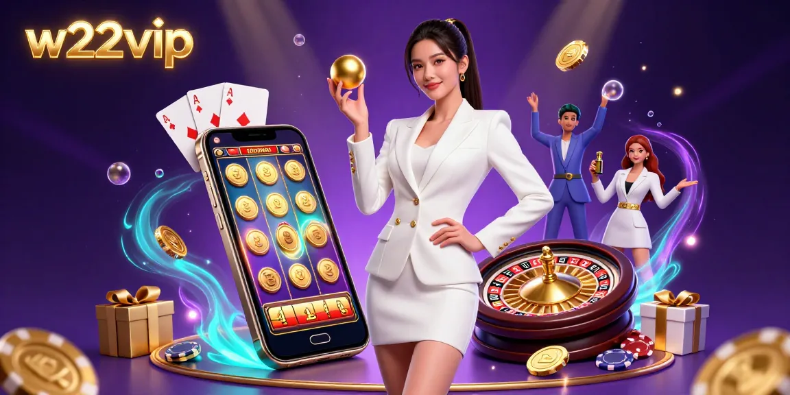 Engage with w22vip's thrilling casino atmosphere featuring a stunning Asian woman and rich gaming elements.