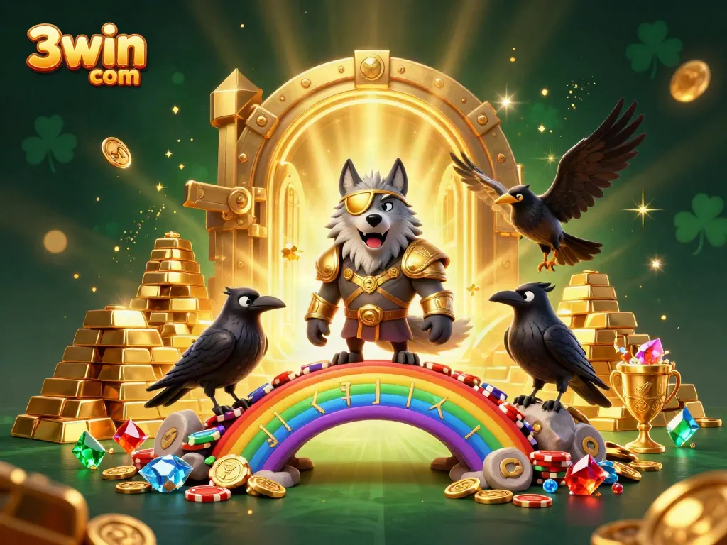 Experience the vibrant world of gambling with 3win com, featuring Odin and ravens amidst luxury riches and casino elements.