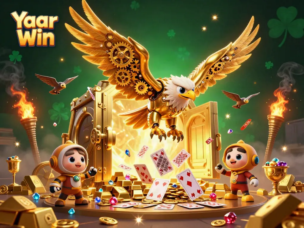 Experience Yaar Win with this captivating gaming scene featuring dynamic eagle characters and vibrant casino elements.