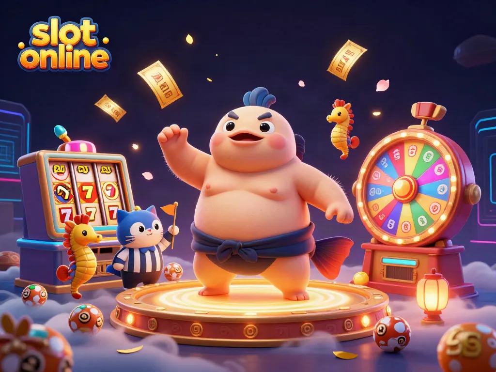 Spin the exciting slot online reels with a lively underwater casino scene featuring a cartoon fugu and catfish referee.