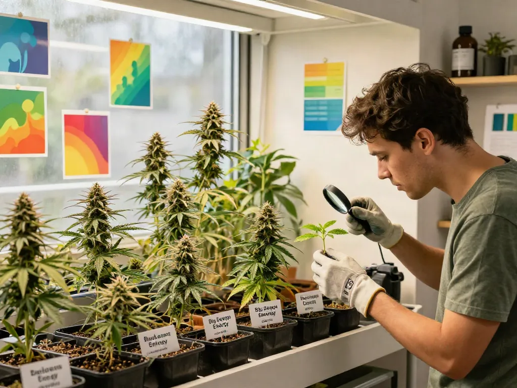 Cannabis seed collection showcase featuring various strains and a gardener examining seedlings in a vibrant indoor garden.