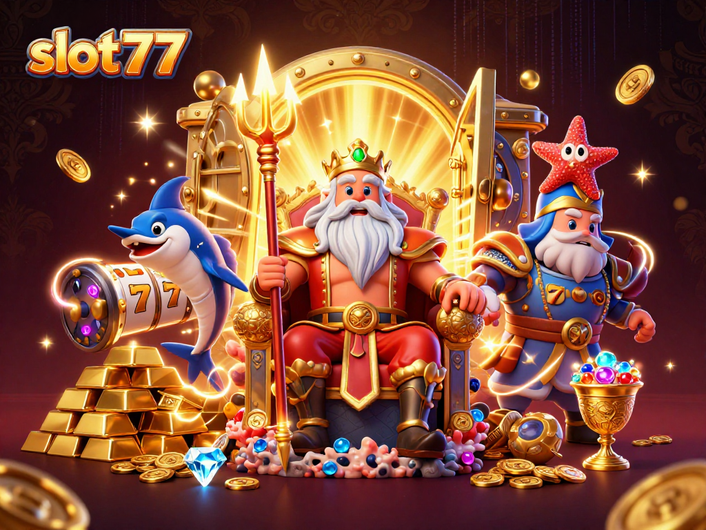 Spin the slot77 reels featuring vibrant gems and gold treasures in a 3D cartoon illustration