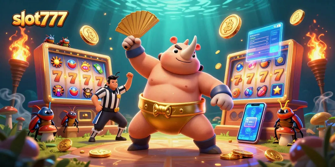 Spin your luck with slot777 as a cartoon rhinoceros beetle stomps coins in a vibrant jackpot scene.