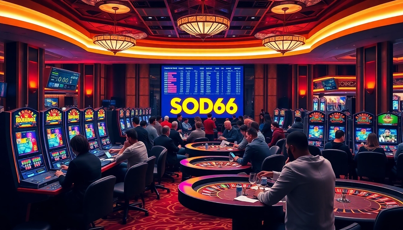 SODO66 players are engaged in an exciting casino game, surrounded by colorful slot machines and betting slips.
