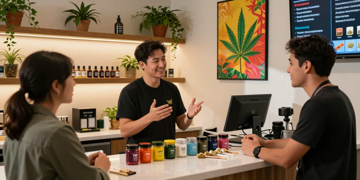 Buy Thc Diamonds Online Europe, a welcoming dispensary experience with a budtender assisting a customer.