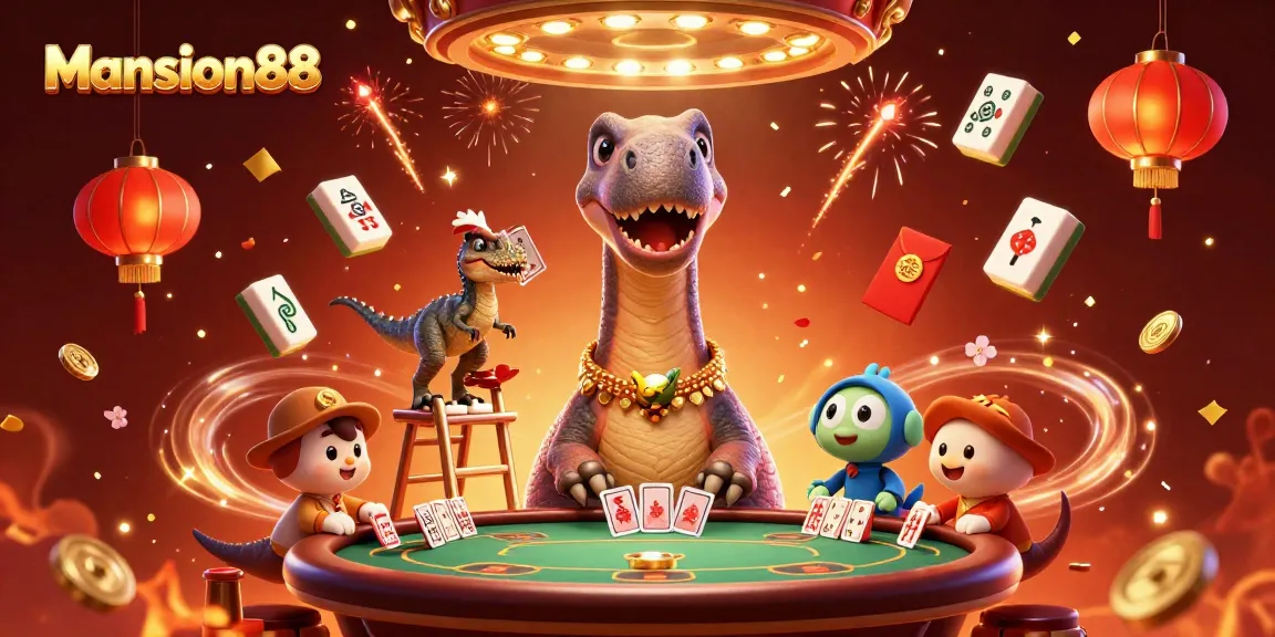 Mansion88 brings thrilling wins to life in a vibrant casino scene filled with 3D characters and festive elements.