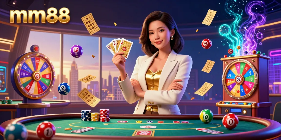 Play with mm88 in a thrilling casino scene showcasing vibrant game elements, cards, and a rich atmosphere.