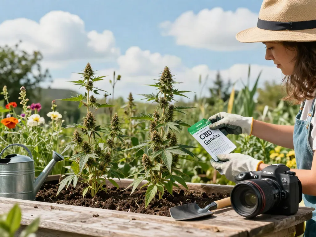 High CBD seeds planted in a serene garden with a knowledgeable gardener inspecting the plants.