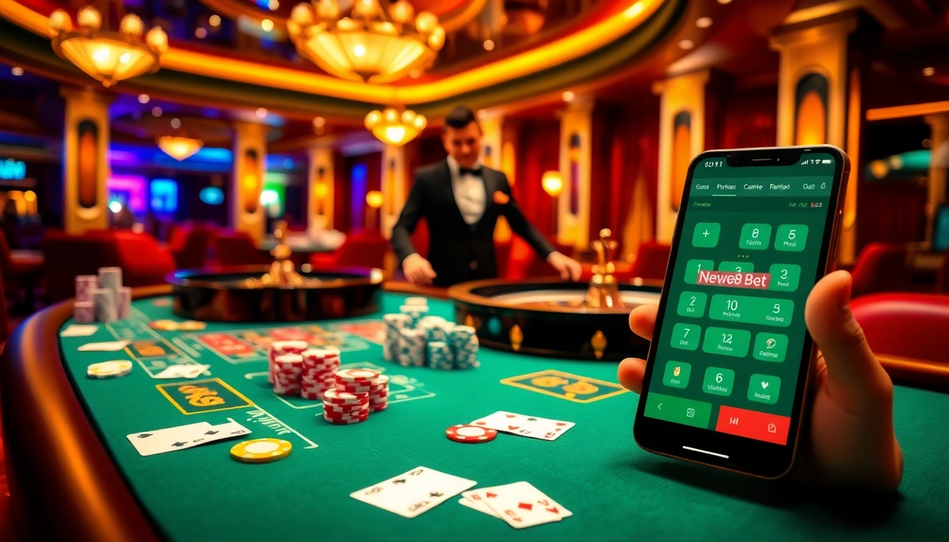 Engaged players enjoy the excitement of new88bet at a luxury casino table, showcasing vibrant poker chips and cards.