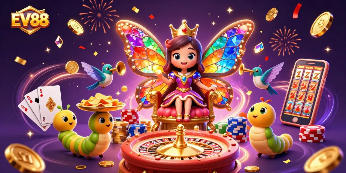 Engage with EV88's exciting online games under a vibrant animated scene with a butterfly queen.
