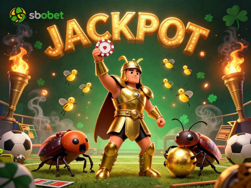 Join sbobet in a thrilling sports betting adventure as the victorious beetles celebrate with winning bets and trophies.