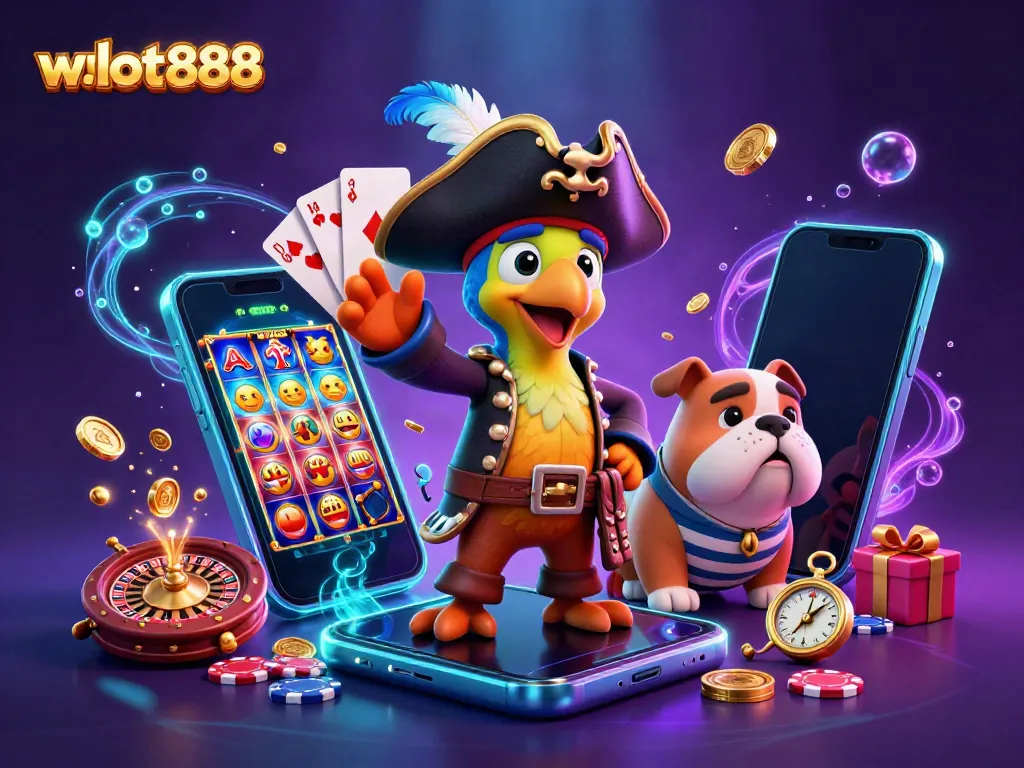 Menangkan permainan slot dengan wslot888 di ponsel 3D penuh warna yang memancarkan koin emas dan kartu.