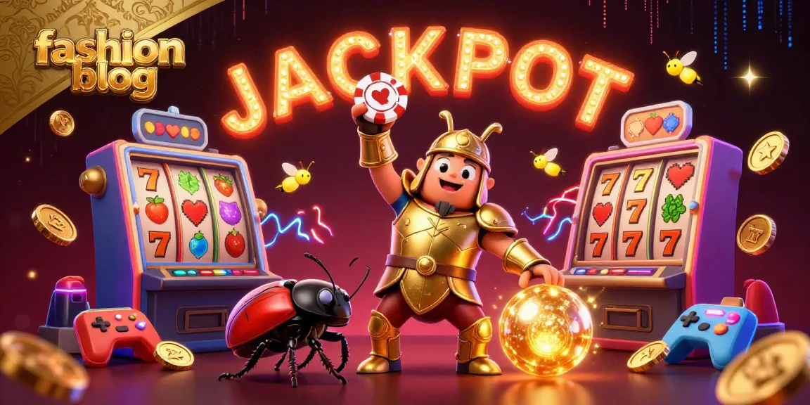 Engaging fashion blog illustration of a victorious beetle lifting a poker chip amidst dynamic casino elements.
