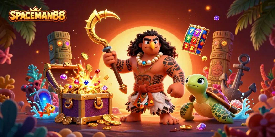 Experience the thrill of SPACEMAN88's vibrant slot games with a Polynesian demigod and treasure-filled background.