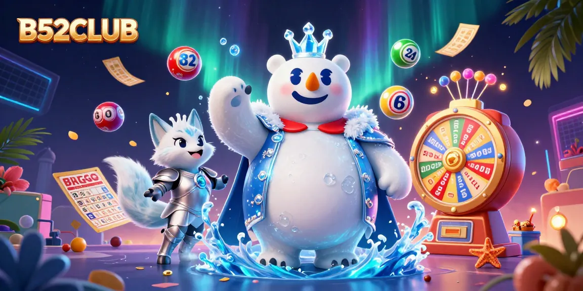 Battle for fortune at B52CLUB with a vibrant scene of the ice king polar bear and snow fox amidst dynamic lottery and casino elements.