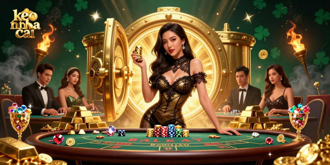 Engage in high-stakes gambling with keo nha cai at a luxurious baccarat table, featuring golden treasures and exclusive vibes.