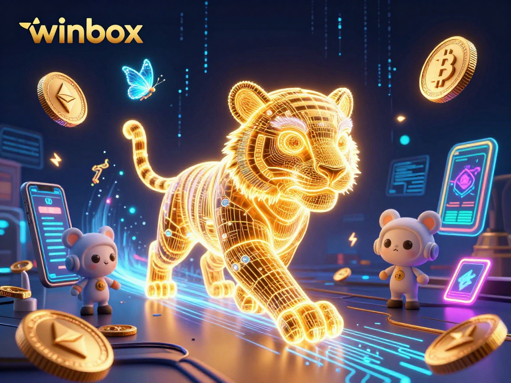Engage with the vibrant winbox casino experience featuring a glowing golden tiger amidst 3D crypto elements.