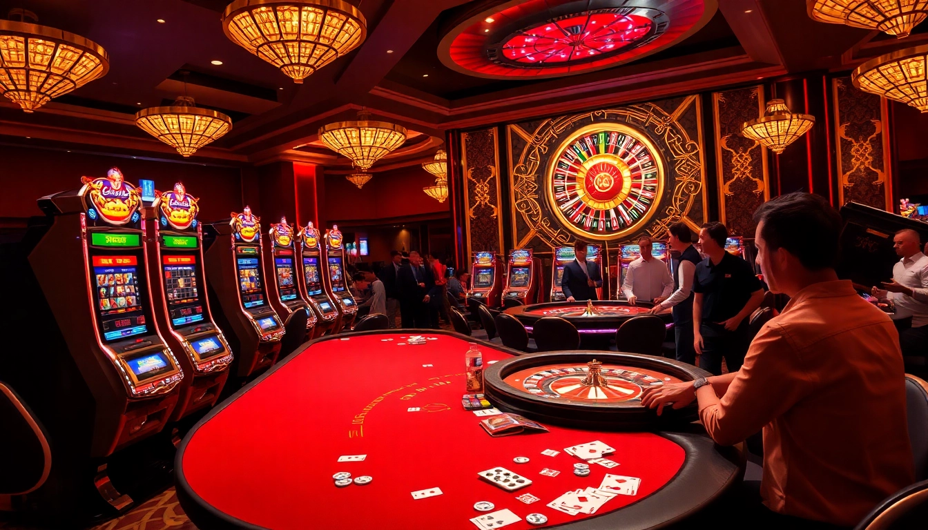 Engaging scene at 789club showcasing poker tables, players, and slot machines in a luxurious casino.