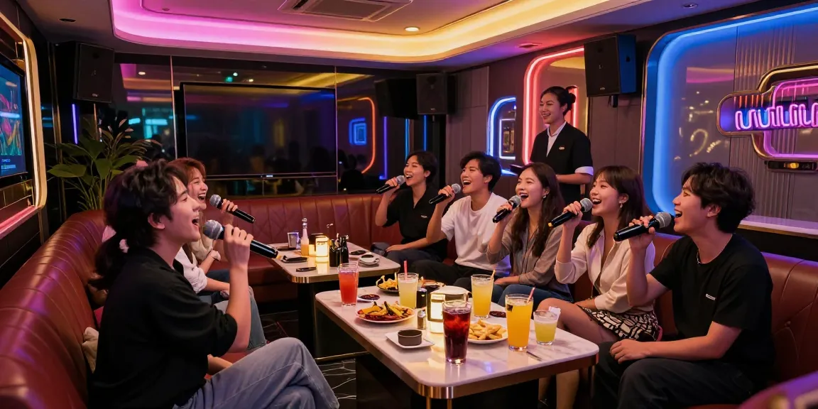 Experience the vibrant atmosphere of 강남 가라오케 with friends enjoying premium drinks and singing in a luxurious setting.