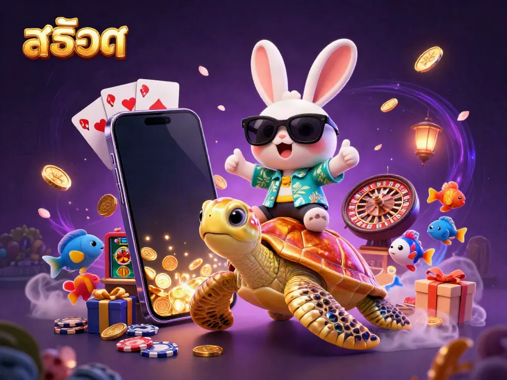 Experience excitingสล็อต action with a 3D lucky rabbit and golden turtle in a vibrant casino scene.