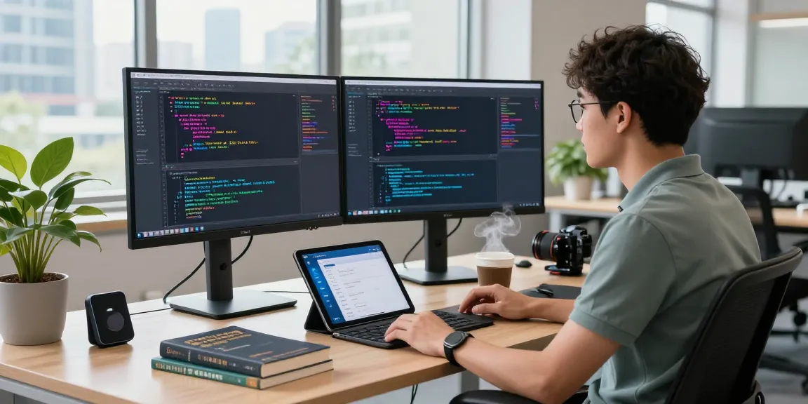 Developer coding telegram中文版 in a modern office workspace with dual monitors and natural light.