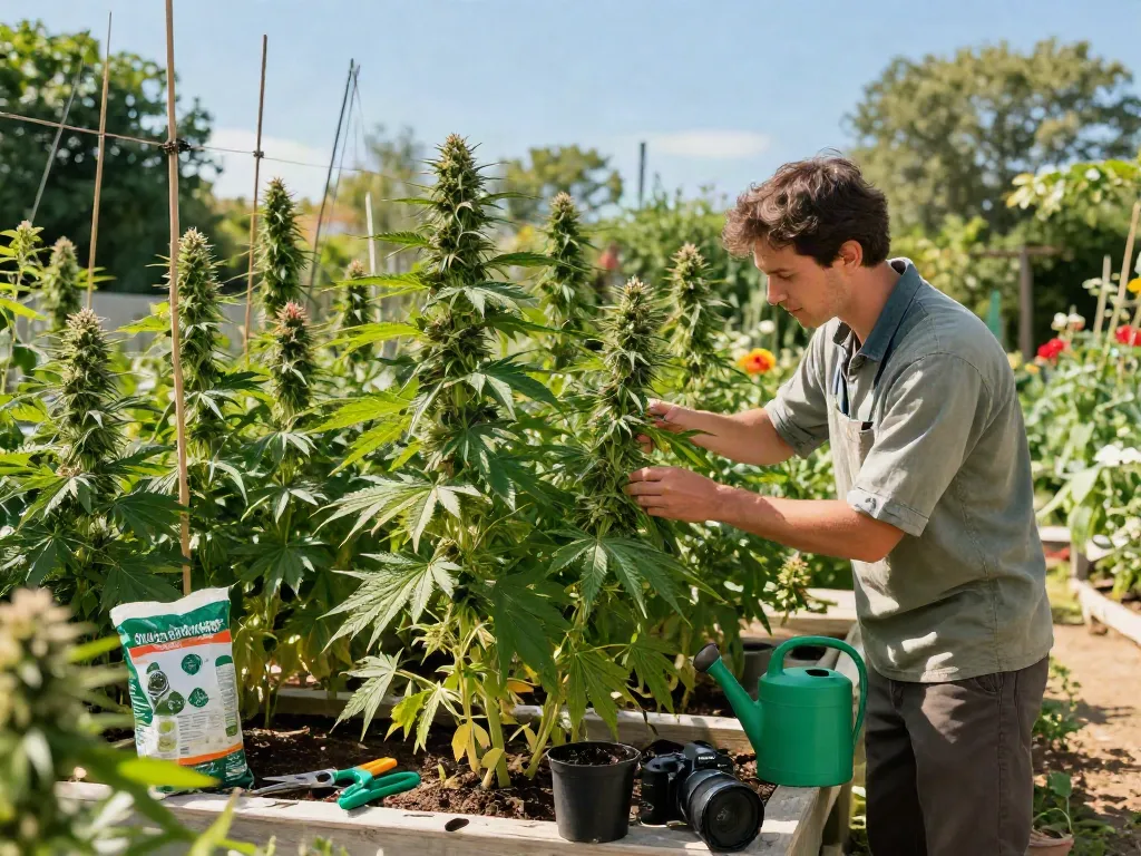 Expert grower examining female cannabis genetics in a vibrant garden setting.