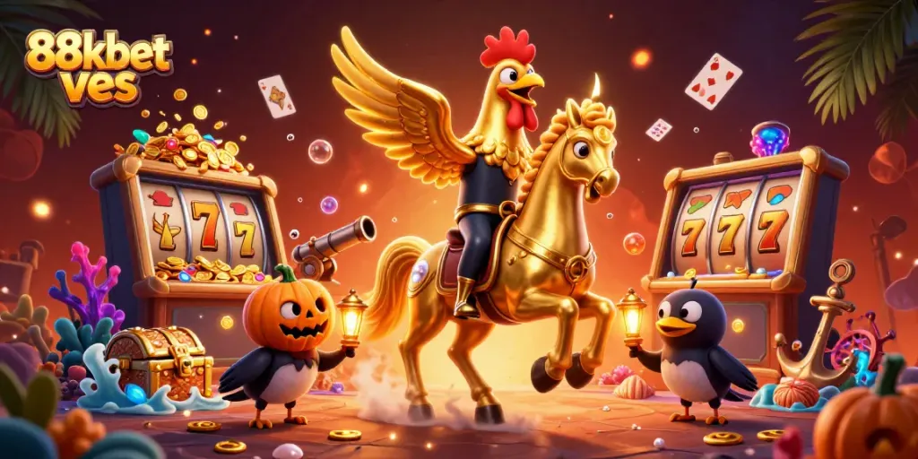 Engage in the thrilling atmosphere of 88kbet ves with a golden rooster and accompanying characters amidst vibrant gaming elements.