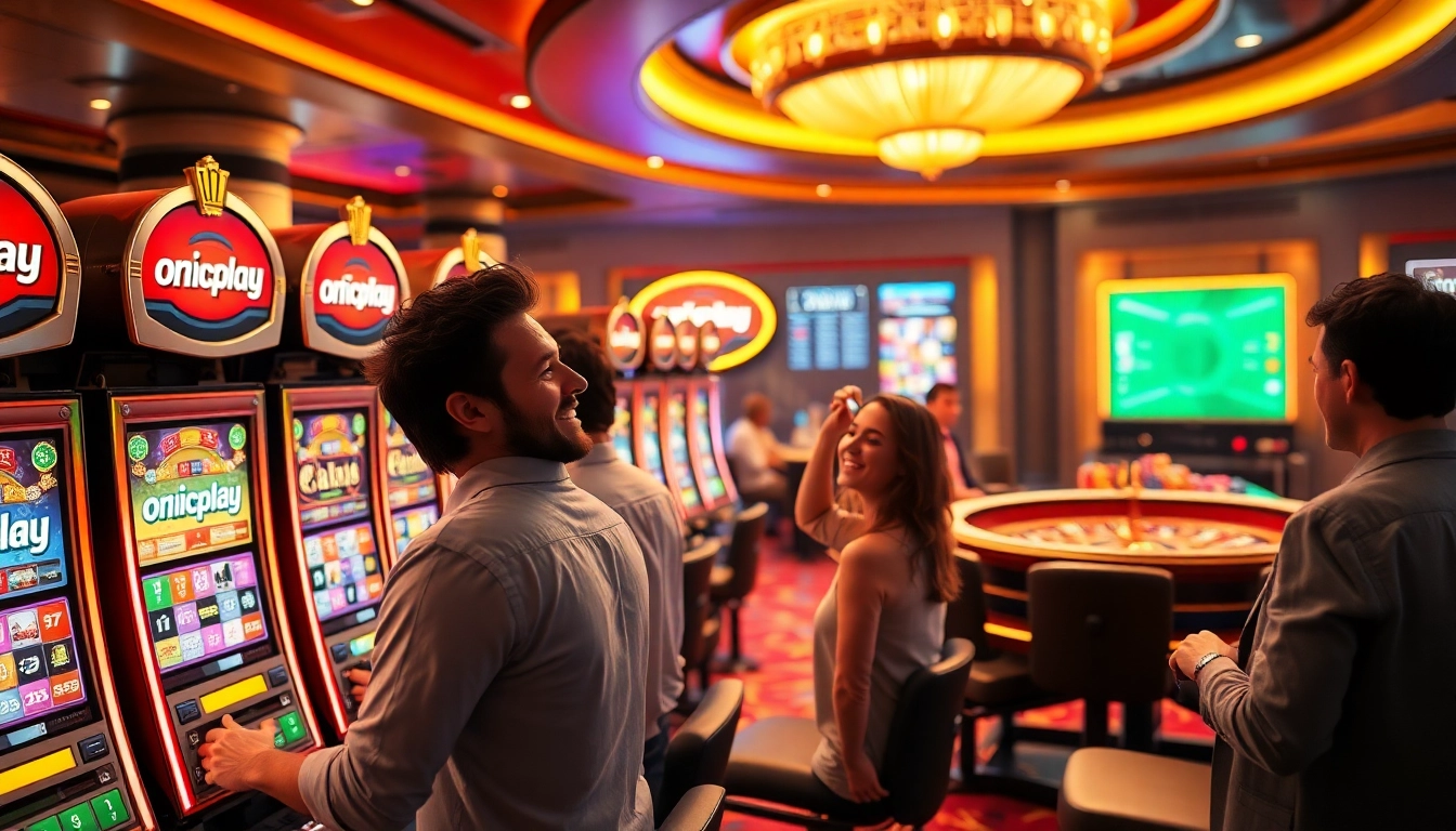 Engaged players enjoying the thrilling atmosphere of onicplay slot machines in a vibrant casino.