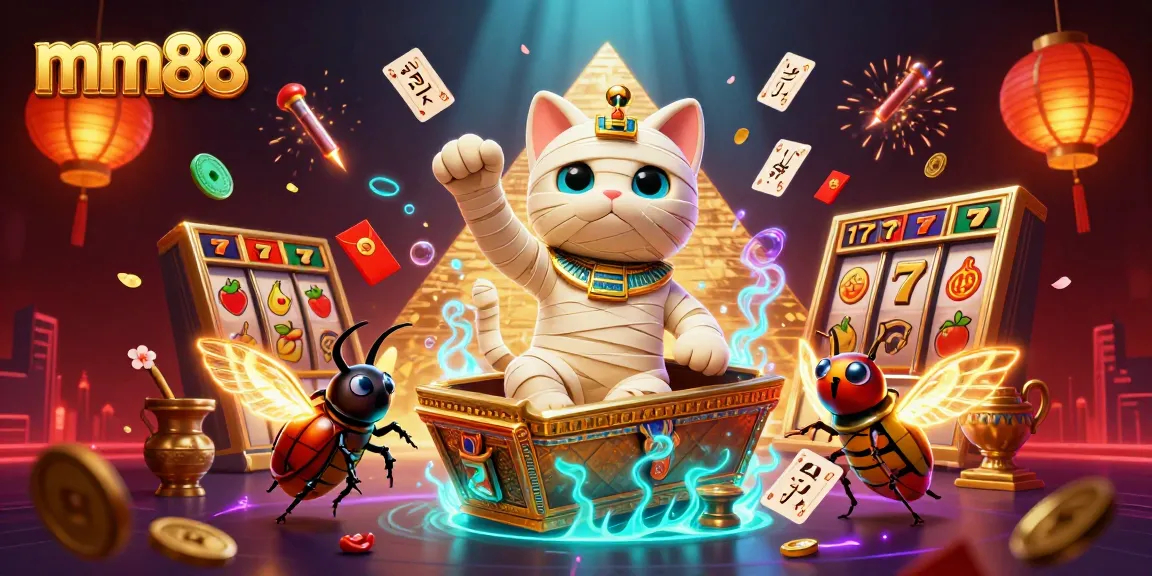 Experience thrilling slots excitement with the mm88 mummy cat bursting from a golden sarcophagus.