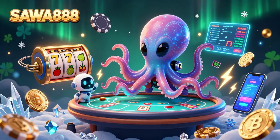 Engage with SAWA888 as an alien octopus at a holographic poker table amidst slot reels and cryptocurrency elements.