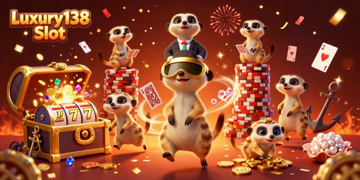 Experience the excitement of Luxury138 Slot in an engaging casino scene with meerkats and treasures.
