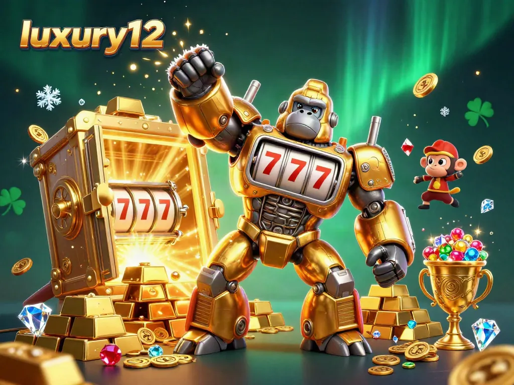 Engage in luxury12 slot excitement with a dynamic scene featuring a golden gorilla mech and vibrant treasures.