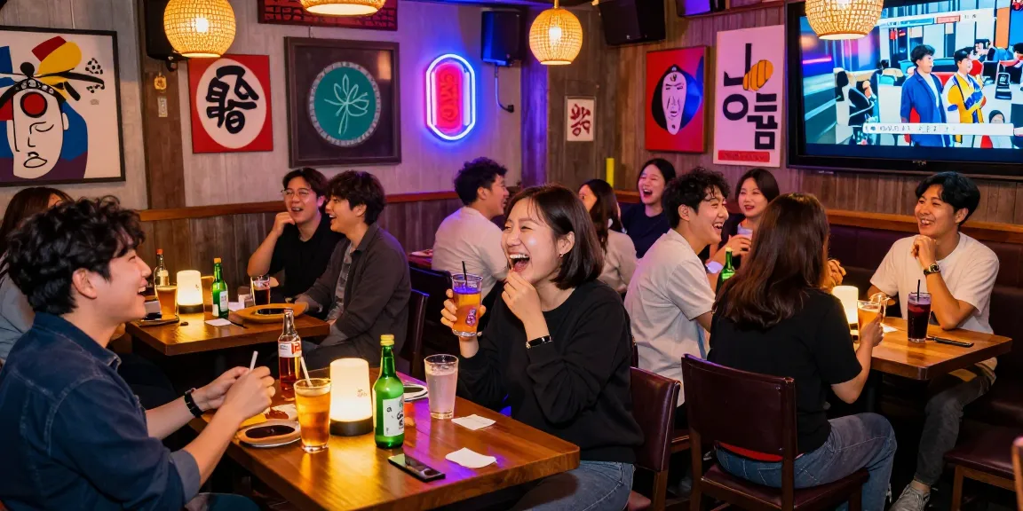 Exciting 제주유흥 scene at a lively karaoke bar in Jeju, featuring socializing patrons and vibrant neon lights.