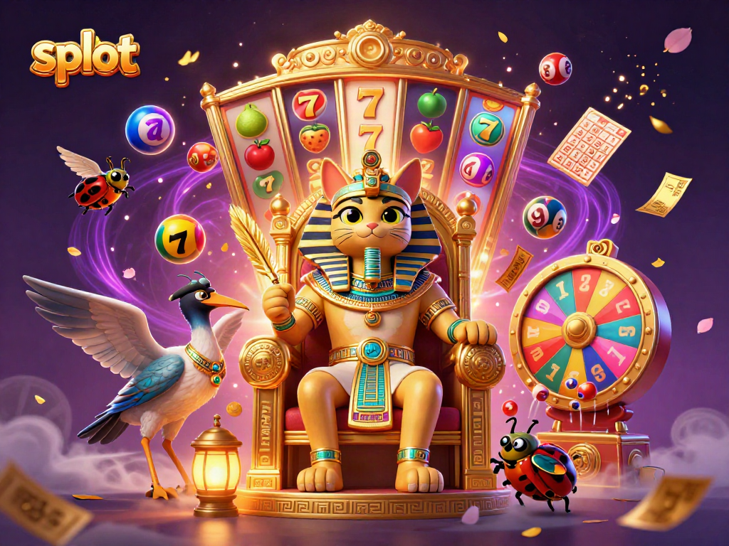 Watch slot reels spin alongside a pharaoh cat in a vibrant casino scene.