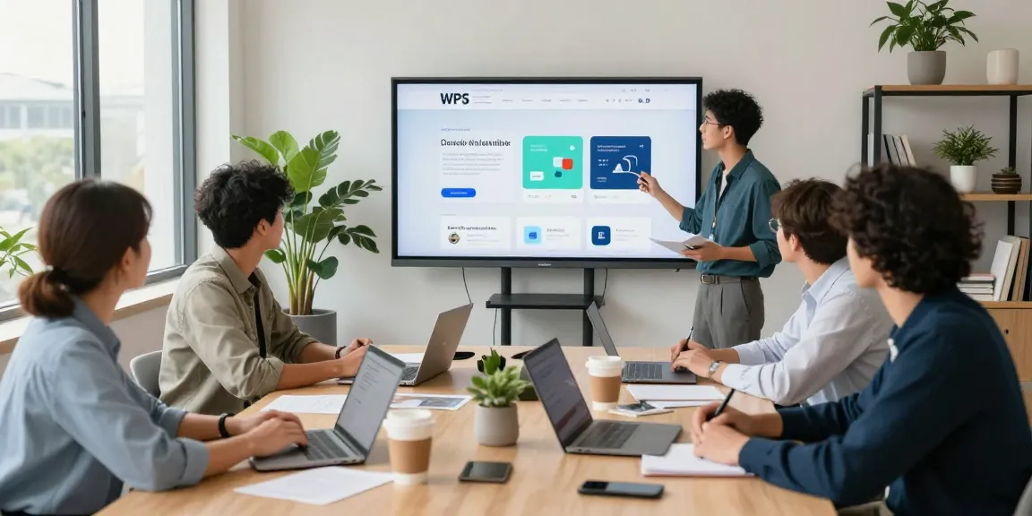 Team meeting around WPS Official Website interface, showcasing collaboration and innovation.