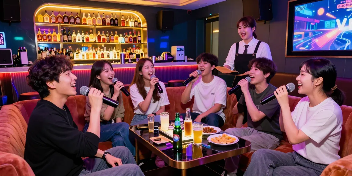 Group enjoying karaoke at Incheon 3NO, with vibrant drinks and lively atmosphere.