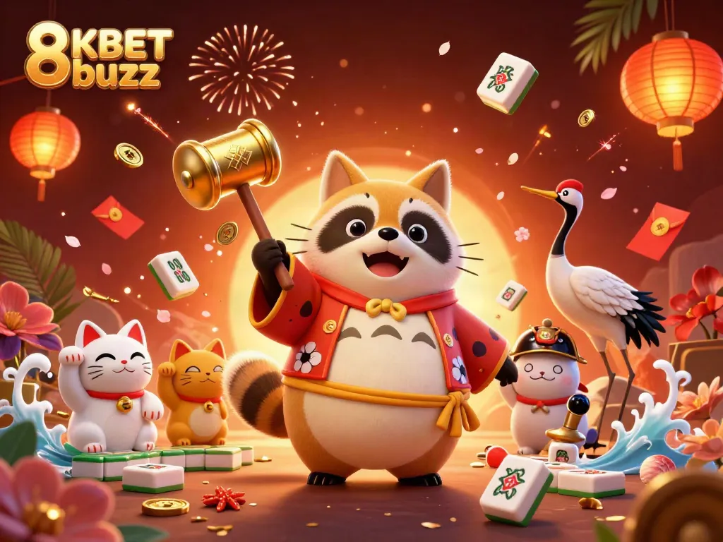 Engage with 8KBET buzz as a cheerful tanuki celebrates a winning streak surrounded by vibrant casino elements.