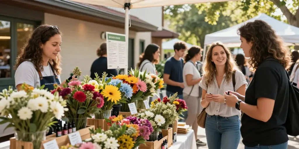 CBD Blüten kaufen auf einem lebhaften Markt mit Kunden und Blumen
