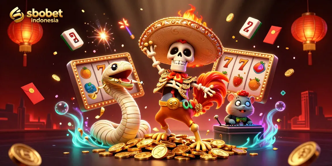 Enjoy vibrant SBOBET Indonesia gaming action with a victorious mariachi rooster and golden coins celebration.