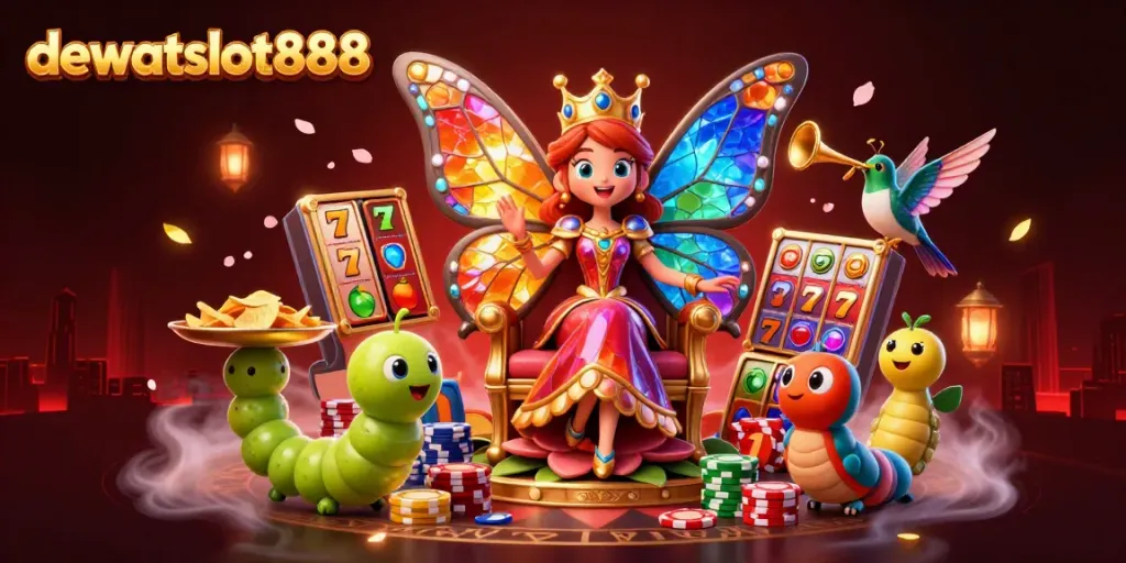 Dalam ilustrasi 3D, dewataslot888 menghidupkan ratu kupu-kupu dan simbol slot dalam suasana kasino yang energik.