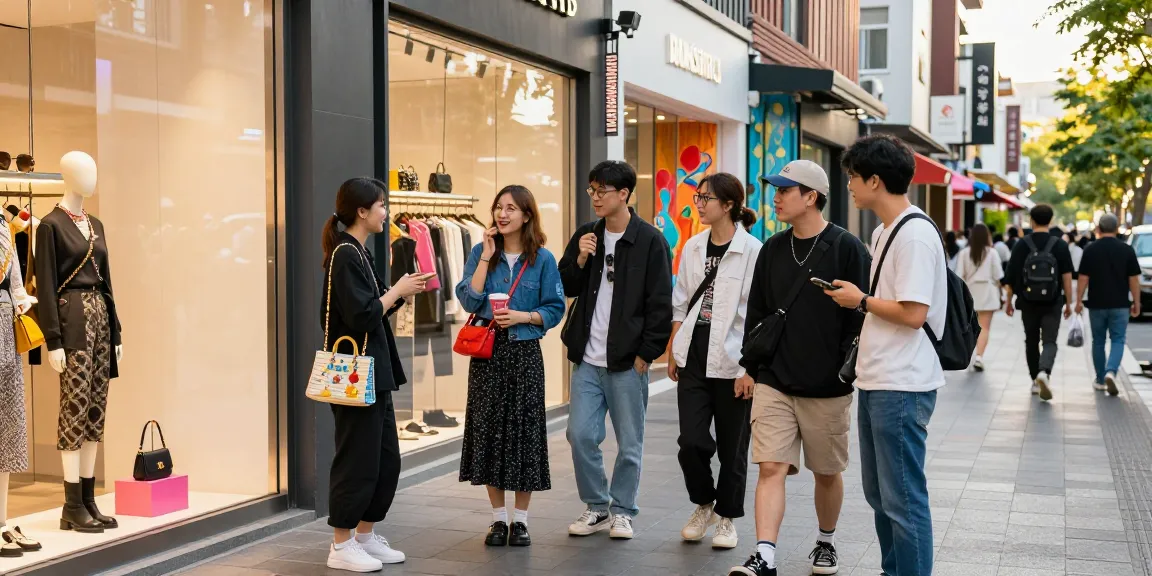 Stylish group exploring the 레플리카 쇼핑몰 in an urban shopping district, showcasing vibrant fashion and accessories.