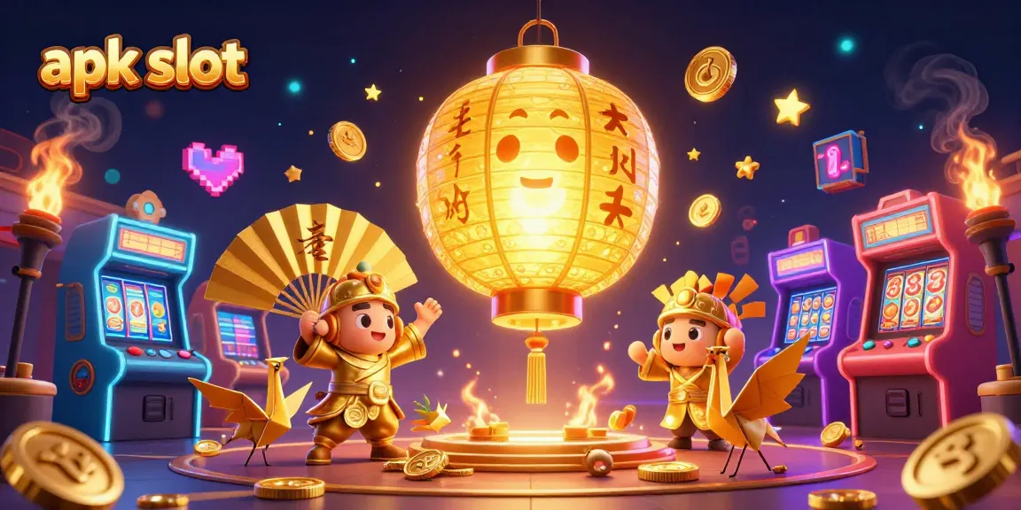 Menangkan apk slot dengan ilustrasi 3D yang menampilkan lampion emas raksasa di kasino malam.
